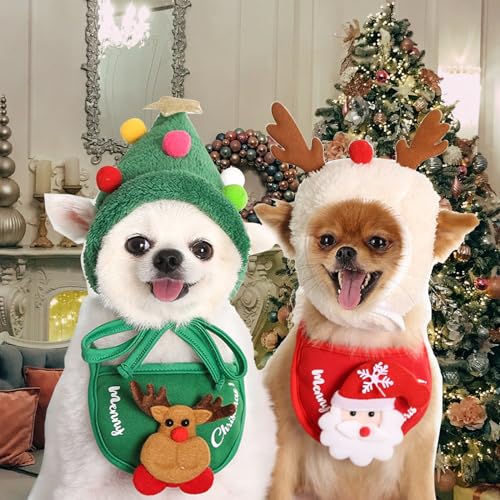 QeeFop 4 Stück Haustier Weihnachtskostüm, Hunde und Katzen Weihnachtsoutfit, Elch Rentier Hut Halstuch Hundekostüme, Haustier Kleidung für Party Perfekt für Kleiner Hund Kätzchen Haustier (8-15 kg) von QeeFop