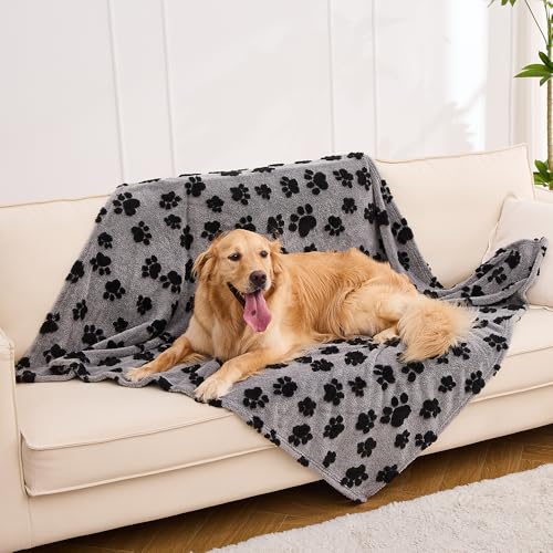 Qeils Jacquard-Hundedecken für große Hunde, gemütliche, beruhigende Haustierdecke, waschbar für Couch-Schutz, 280 g/m², Korallen-Fleece-Plüsch, flauschige Überwurfdecke, schwarze Pfoten, 127 x 152 cm von Qeils