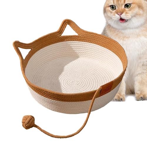 Qhvynpo Cat Woven Nest, Cute Ear Cat Scratch Nest, Hand Woven Desk Nest Cat Bed, Washable Breathable Cotton Rope Bed, Foldable and Scratch Resistant for Indoor Cats and Puppies von Qhvynpo