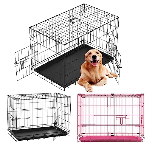 61 cm große Hundebox für Haustiere, zusammenklappbar, 2 Türen, Welpen-Transportkäfig mit kauresistenter Kunststoff-Bodenwanne und Tragegriff von Qimu