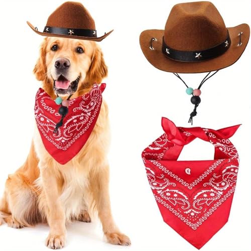 Halloween-Cowboy-Kostüm für Hunde, Cowboyhut und Bandana, Schal, Zubehör für Welpen, Kätzchen, Party, Festival und den täglichen Gebrauch, Braun von Qiansail