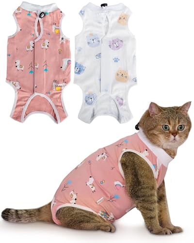 Katzen-Genesungsanzug, atmungsaktiver Einteiler für Katzen nach Operationen, Kätzchen und kleine Hunde, Bauchhaut, Anti-Leck-Pyjama, 2er-Pack (Schaf + Katze, L) von Qiansail