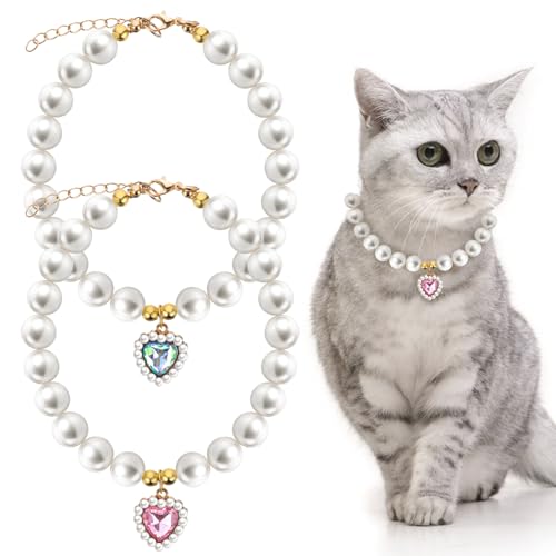 Qianyu 2 Stück Perlenhalsband für Katzen und Hunde Herzförmig Schmuck Haustier Halskette Verstellbarer Umhängegurt Ausgefallene Hochzeit Geburtstagsparty Haustier-Kleid Zubehör Halsband von Qianyu