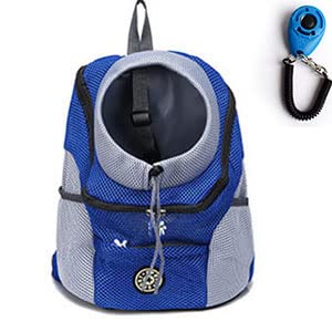 Hundetasche,Tragetasche Hund Doppelter Schulter Hundeträger Rucksack mit Pet Clicker Outdoor atmungsaktive Hundebeutel Frontnetz for Reisen for Kitty-Welpen(Blue,L) von QiaoJun