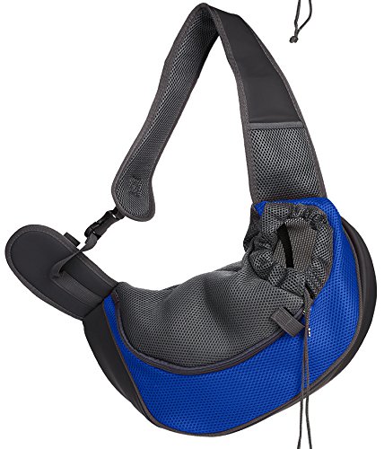 Hundetasche,Tragetasche Hund Outdoor Reise Haustier Puppy Carrier Handtasche Tasche Mesh Oxford Einzelner Umhängetasche Sling Mesh Comfort Reisen Umhängetasche(Blue,L) von QiaoJun