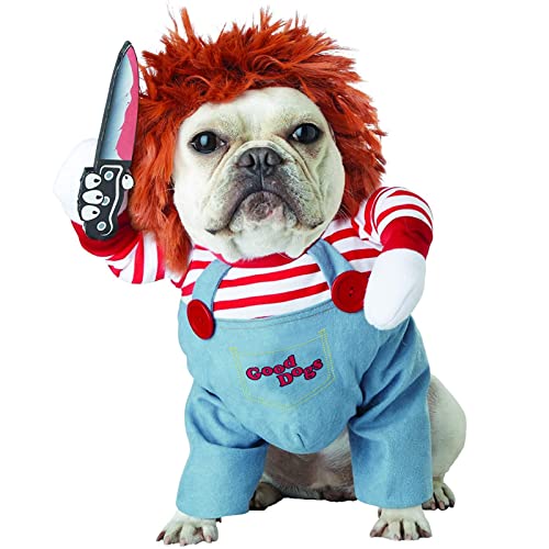 Pet Deadly Doll Dog Costume, Novelty Dog Cosplay Lustige Halloween Kostüme, Niedliche Hundekleidung für kleine, Party Dress Up Cool Dog Outfit Gruselige und gruselige Bekleidung (L, Rot) von Qidelong