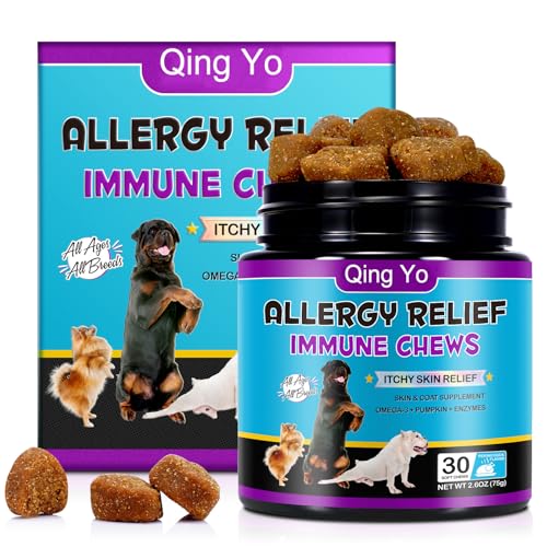 Qing Yo Hundeallergie -Erleichterung Kauen, Anti -Juckreiz gegen Hunde, Hundeallergie -Relief Immunität, Saisonale Allergien, Haut und Mantel, Juckreiz und Pfoten -Licking, 30 Kauen, Entengeschmack von Qing Yo