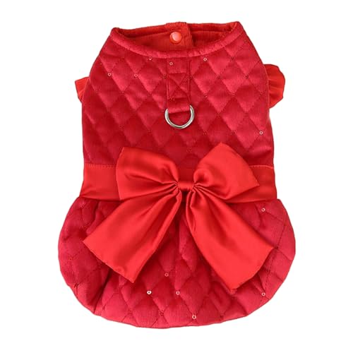 Qinlenyan Herbst-Winter-Haustierkleid mit D-förmigem Ring, gesteppte Pailletten, große Schleife für kleine, mittelgroße Hunde, Welpen, Katzen, fliegende Ärmel, zweibeiniges Outfit, Rot, Größe S von Qinlenyan