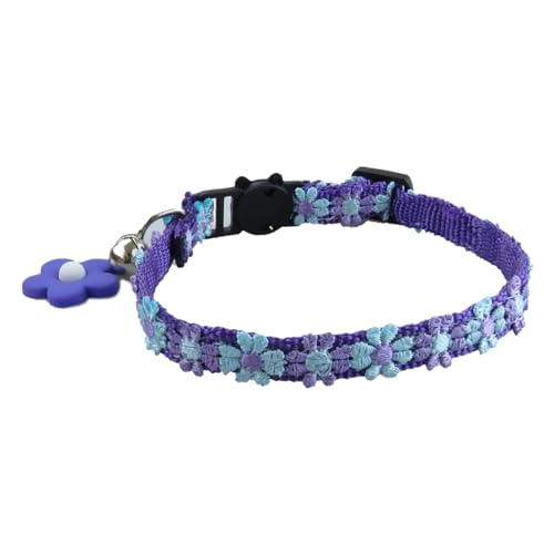 Qinlenyan Katzenhalsband, verstellbar, Anti-Erstickungsschnalle, Blumen-Haustierhalsband mit Glöckchen, für Sicherheit, modisch, Kätzchen, Welpen, Halskette, Haustierzubehör, Violett von Qinlenyan