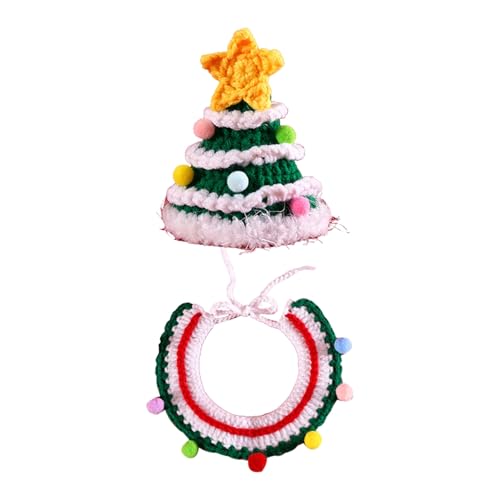 Qinlenyan Weiches, gestricktes Haustier-Zubehör, Weihnachts-Haustier-Halsband, Weihnachts-Kostüm, handgewebt, Hundehalsband, Mütze, Set, Grün, Größe M von Qinlenyan