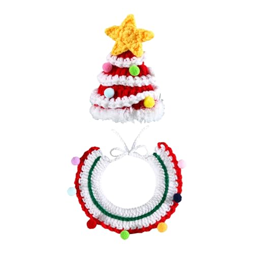 Qinlenyan Weiches, gestricktes Haustier-Zubehör, Weihnachts-Haustier-Halsband, Weihnachts-Kostüm, handgewebtes Hundehalsband-Hut, Set, Rot, Größe M von Qinlenyan