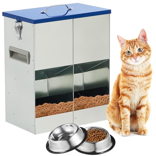 Qinyoung Automatisches Katzenfutter-Set, 42 Tassen/10 l, verzinkt, inklusive 1 Katzenfutterstation und 2 Edelstahl-Katzennäpfen, Haustierspender, Doppel-Futterspender für 2 Katzen, für den Innen- und von Qinyoung