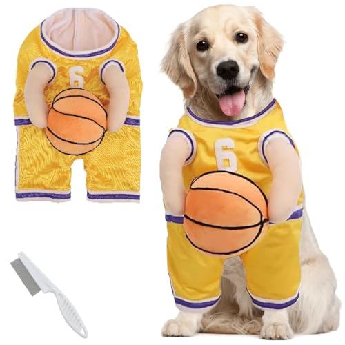 Hunde-Basketballkostüm, Hunde-Basketballkostüm mit Ball, Basketball Hundekostüm, Basketballkostüm für Hunde, Basketballspieler-Kostüm, Basketball-Hunde-Halloween-Kostüm (Gelb, Medium) von Qioeryt