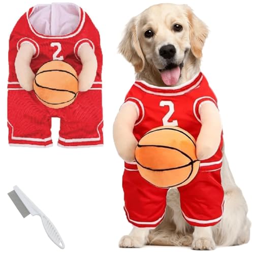 Hunde-Basketballkostüm, Hunde-Basketballkostüm mit Ball, Basketball Hundekostüm, Basketballkostüm für Hunde, Hunde-Basketballspieler-Kostüm, Basketball-Hunde-Halloween-Kostüm (Rot, Groß) von Qioeryt