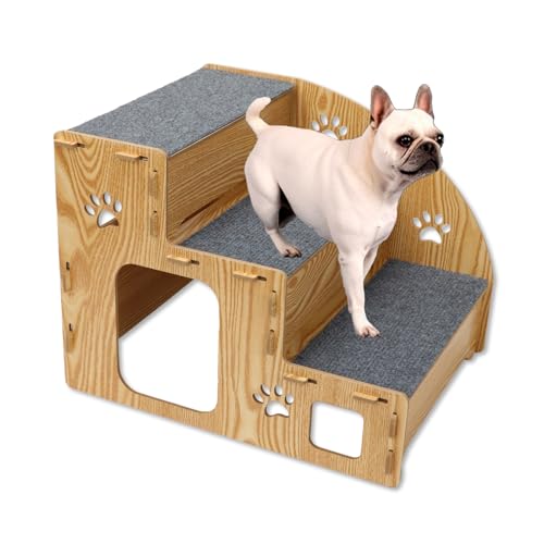 Qivine Hundetreppe Bett 3 Stufen Höhe 32 cm Hundetreppe aus Holz Hundetreppe mit Katzenloch Katzenfenster und Stauraum für Bett und Sofa von Qivine