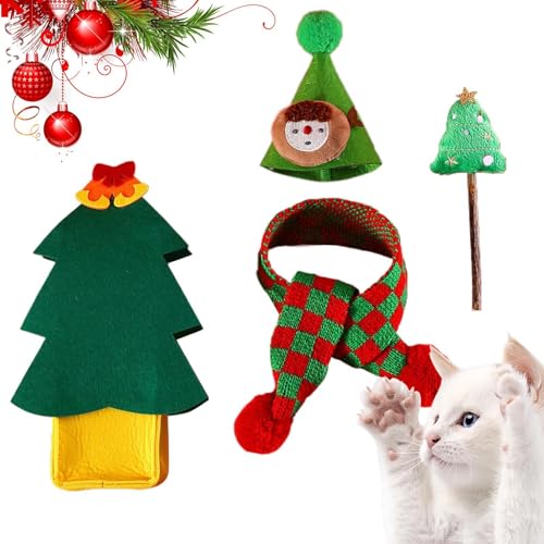 Qkbuza Weihnachtliches Katzenspielzeug | Festliches -Schal-Outfit für Katzen | Weihnachtskatzenkostüm-Set, Katzen-Weihnachtskostüm-Dekoration für den Innen-Katzenurlaub von Qkbuza