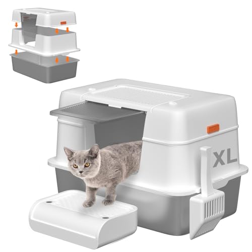 3-in-1-Katzentoilette aus Edelstahl mit abnehmbarem Deckel, XL, extra große hochseitige Metallbox für kleine und große Katzen, mit Schaufel, leicht zu reinigen, Geruchskontrolle, nicht klebrig, von Qonimm