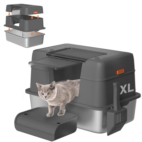 3-in-1-Katzentoilette aus Edelstahl mit abnehmbarem Deckel, XL, extra große hochseitige Metallbox für kleine und große Katzen, mit Schaufel, leicht zu reinigen, Geruchskontrolle, nicht klebrig, von Qonimm