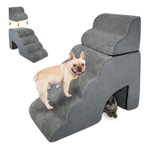 Hundetreppe Rampe für Hochbett, 80 cm Höhe, 6-stufige gebogene Hundetreppe für kleine Hunde und Katzen, Schaumstoff-Haustiertreppe für Couch, rutschfeste, ausgewogene tragbare Haustierstufe für den von Qonimm