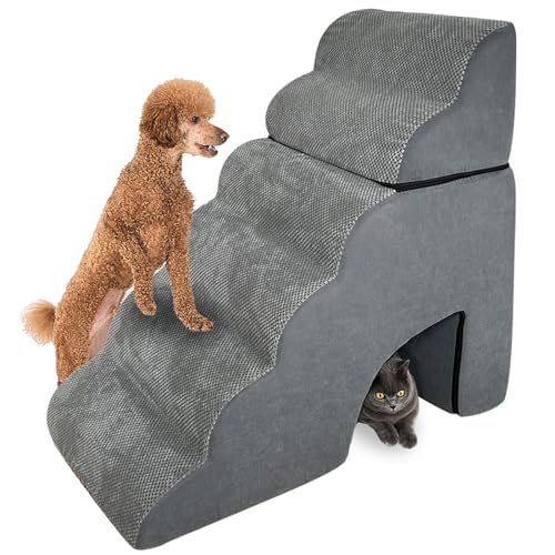 Hundetreppenrampe für Hochbett, 80 cm Höhe, 6-stufige gebogene große Haustiertreppe, 50 cm extra breite Haustiertreppe für Couch, rutschfeste, ausgewogene tragbare Haustierrampe im Innenbereich für von Qonimm