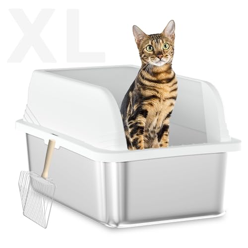 Qonimm Katzentoilette aus Edelstahl, Katzentoilette für große Katzen, Extra große Katzentoilette mit Deckel, nicht auslaufend, leicht zu reinigen, Geschlossene Metall-Katzentoilette für mehrere Katzen von Qonimm