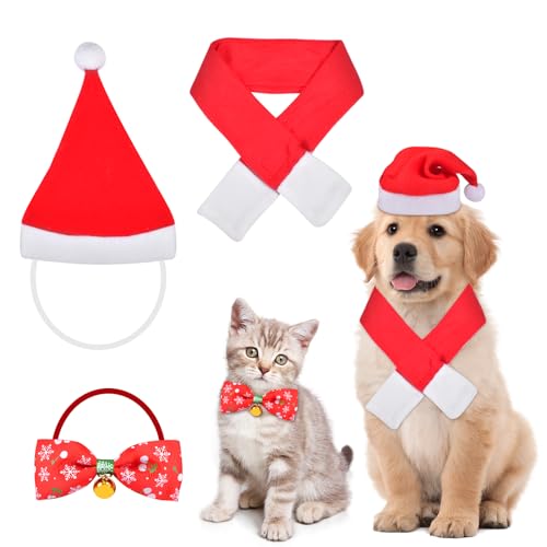 3 Stück Weihnachten Katzenkostüm Hundekostüm mit Weihnachtsmütze, Fliege mit Glocken, Halsband Halstuch Justierbare, Tier Weihnachtskostüm, Haustier Weihnachtskleidung für Katzen Kleine Hunde Welpen von Qooloo