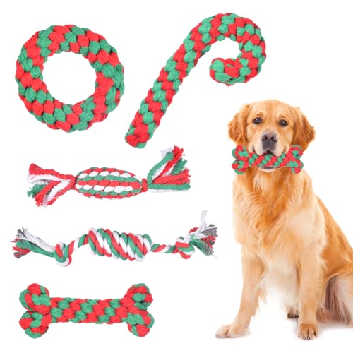 5 Stück Hundespielzeug Kleine Hunde, 100% Natürliches Baumwollseil, Hundespielzeug Seil Set, Kauspielzeug Hund, Weihnachts Zuckerstange Seil, Weihnachten Hundespielzeug für Kleine und Mittlere Hunde von Qooloo