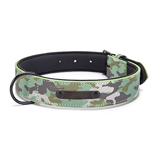 Qoosea Verstellbares Halsband Hund aus Leder Personalisierte Gravur Namensschild Camouflage Hundehalsbänder Haltbare Nacht Reflektierende Haustierhalsband mit D-Ring für Klein Groß Mittel,Grün,S von Qoosea