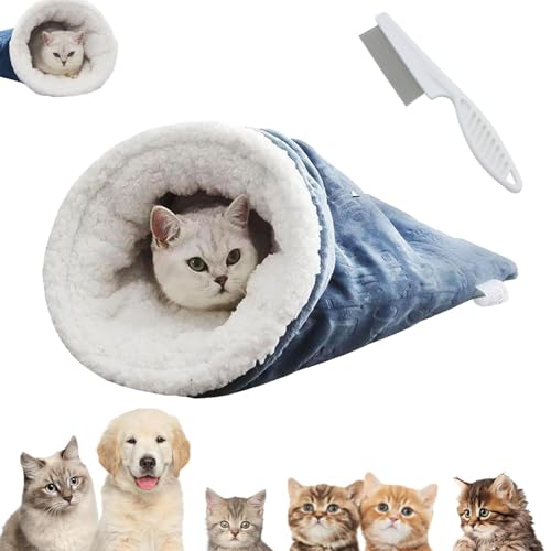 Qosigote Cat Winter Sleeping Bag, Soft Plush Large Cat Sack Self Warm Cat Bed, Cat Sleeping Bag for Indoor Cats, 360°Wrap Comfortable Pet Snuggle Sack for Cats Up to 6kg (Blue B) von Qosigote