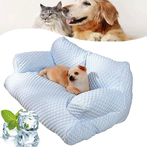 Qosigote Cool Dog Bed, Ice Silk Cooling Pet Bed Breathable Washable Dog Sofa Bed, Dog Cooling Bed Summer Sleeping Cool Ice Silk Bed for Small, Medium, Large Dogs (Blue,L) von Qosigote