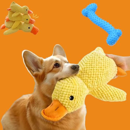 Qosigote CuddleDuck - Die Kuschelente gegen Stress, Anti Stress Ente Hund, Pfotenmond Ente, Weiche Quietscheente Für Haustiere, Interaktives, Bequemes Spielzeug (Yellow,L) von Qosigote