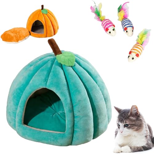 Qosigote Pumpkin Cat Bed,Cat Tent Bed,Halloween Cat Bed,Cute Pumpkin Shape Cat Cave Bed Cat Tent with Removable Cushion (Green,L) von Qosigote