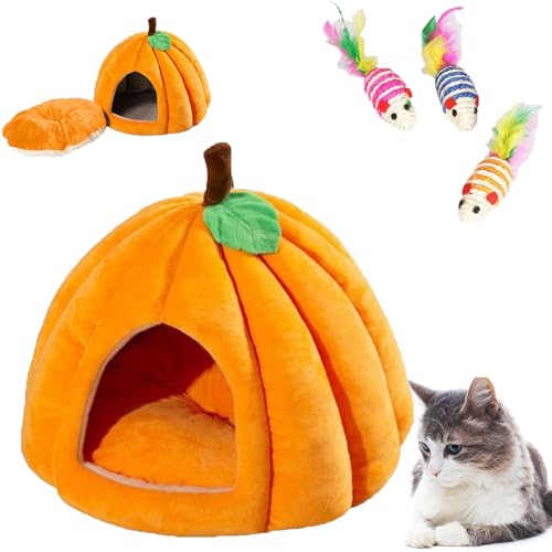 Qosigote Pumpkin Cat Bed,Cat Tent Bed,Halloween Cat Bed,Cute Pumpkin Shape Cat Cave Bed Cat Tent with Removable Cushion (Orange,L) von Qosigote