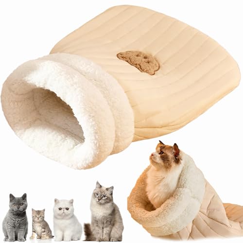 Katzen Schlafsack,Schlafsack Katze,Katzenschlafsack,Cat Sleeping Bag,Katzenbett Höhlenschlafsack,Gemütliche Katzenbetten,Selbstwärmendes Gemütliches Katzenbett Für Katzen Und Hunde (Hellbraun, L) von Qosneoun