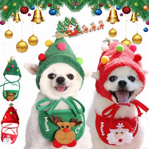 Qosneoun Christmas Tree Pet Pom Pom Hat, Christmas Tree Pom-Pom Hat for Dogs, Dog Christmas Tree Hat, Xmas Holiday Party Cosplay for Small Medium Dog Cat (2pcs-A, M) von Qosneoun