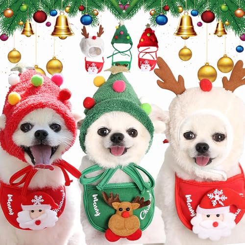 Qosneoun Christmas Tree Pet Pom Pom Hat, Christmas Tree Pom-Pom Hat for Dogs, Dog Christmas Tree Hat, Xmas Holiday Party Cosplay for Small Medium Dog Cat (3PCS, M) von Qosneoun