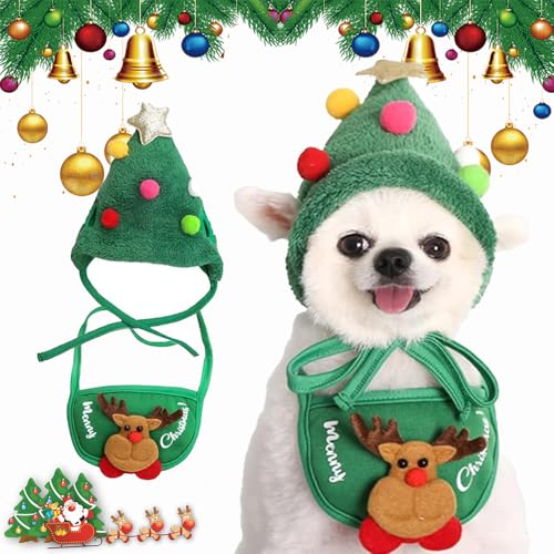 Qosneoun Christmas Tree Pet Pom Pom Hat, Christmas Tree Pom-Pom Hat for Dogs, Dog Christmas Tree Hat, Xmas Holiday Party Cosplay for Small Medium Dog Cat (Green, M) von Qosneoun