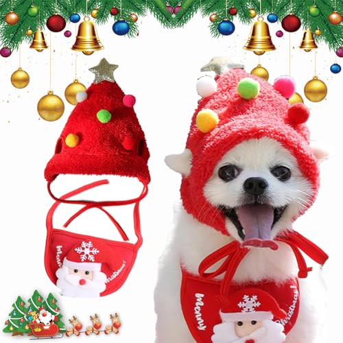 Qosneoun Christmas Tree Pet Pom Pom Hat, Christmas Tree Pom-Pom Hat for Dogs, Dog Christmas Tree Hat, Xmas Holiday Party Cosplay for Small Medium Dog Cat (RED, M) von Qosneoun