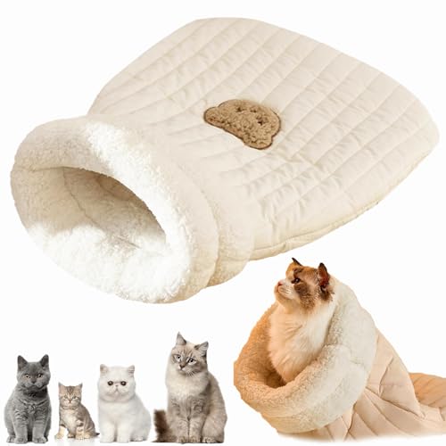 Qosneoun Katzen Schlafsack,Schlafsack Katze,Katzenschlafsack,Cat Sleeping Bag,Katzenbett Höhlenschlafsack,Gemütliche Katzenbetten,Selbstwärmendes Gemütliches Katzenbett Für Katzen Und Hunde (Weiß, L) von Qosneoun