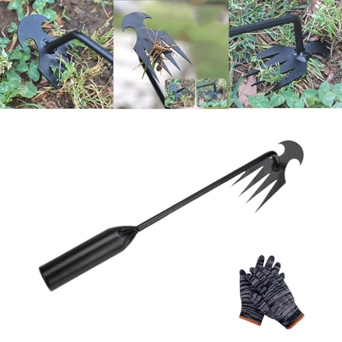 Qosneoun Weeding Artifact Uprooting Weeding Tool, Gardening Hand Weeder Tool, Dritnow Weeding Tool, Weed Puller Tool Garden Weed Pulling Tool 4 Teeth Manganese Steel (Black-L) von Qosneoun