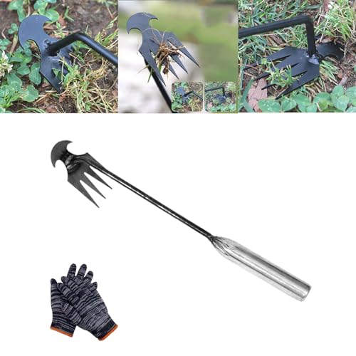 Qosneoun Weeding Artifact Uprooting Weeding Tool, Gardening Hand Weeder Tool, Dritnow Weeding Tool, Weed Puller Tool Garden Weed Pulling Tool 4 Teeth Manganese Steel (Silver-L) von Qosneoun