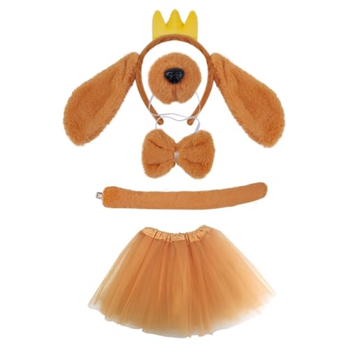 Plüsch-Hunde-Cosplay-Set, mit Ohren, falscher Nase, brauner Rock, Plüschschwanz, Fliege, Hundeohren, Stirnband für Halloween von Qsvbeeqj