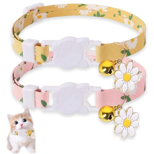 2 Stück Katzenhalsbänder mit Glöckchen, verstellbares Kätzchenhalsband, weiches Blumenmuster, Haustierhalsband für Katze, Katzenhalsbänder mit Schnellverschluss-Schnalle und Glocke, Rosa, Gelb, 18–30 von QttvbTna