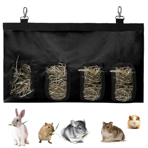 Kaninchen Heu Feeder Tasche Hängende Heuraufe Krippe Halter Spender Meerschweinchen Heu Feeder Aufbewahrung Automatische Futterspender für Kaninchen, Meerschweinchen, Chinchilla (4 Fenster, Schwarz) von QttvbTna