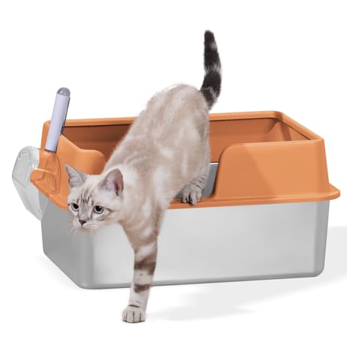 Qualasision Katzentoilette aus Edelstahl, kein Auslaufen, hohe Seiten, Katzentoilette mit Gehäuse, große Katzentoilette, langlebige Metall-Katzentoilette mit Schaufel, leicht zu reinigen (Orange) von Qualasision