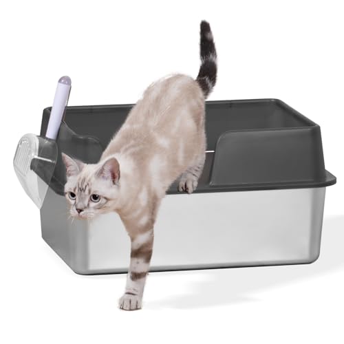 Qualasision Katzentoilette aus Edelstahl, kein Auslaufen, hohe Seiten, Katzentoilette mit Gehäuse, große Katzentoilette, langlebige Metall-Katzentoilette mit Schaufel, leicht zu reinigen (schwarz) von Qualasision