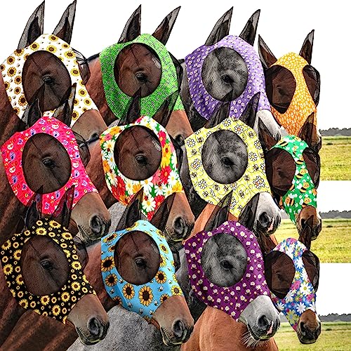 Qualirey 12 Stück Pferd Fliegenmaske Bulk Bequeme Elastizität Maske für Pferde mit Ohren Netz UV Schutz Atmungsaktive Pferdebedarf Gesichtsbedeckung für Pferd Pony und Fohlen (Blumenmuster, Medium) von Qualirey