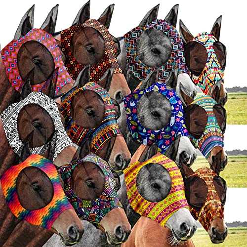 Qualirey 12 Stück Pferd Fliegenmaske Bulk Bequeme Elastizität Maske für Pferde mit Ohren Netz UV Schutz Atmungsaktive Pferdebedarf Gesichtsbedeckung für Pferd Pony und Fohlen (Geometrische Muster, Medium) von Qualirey