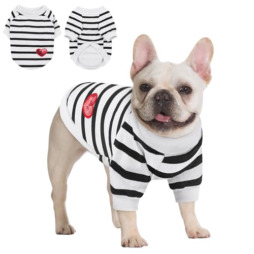 Queenmore Hund Baumwollshirt, Gestreiftes Hund T-Shirt, Langarm Welpen Kleidung für Kleine Mittlere Hunde Katzen, Hundeoutfits für Frenchie, Dackel, Yorkie (Schwarz, S) von Queenmore