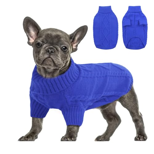 Queenmore Hundepulli Für Kleine Hunde Wärme Hundepullover Dackel Pullover Hund Strickmantel Mit Zopfmuster Hundepullover Französische Bulldogge Bulldog Chihuahua Katzen Corgi, Blau, S von Queenmore